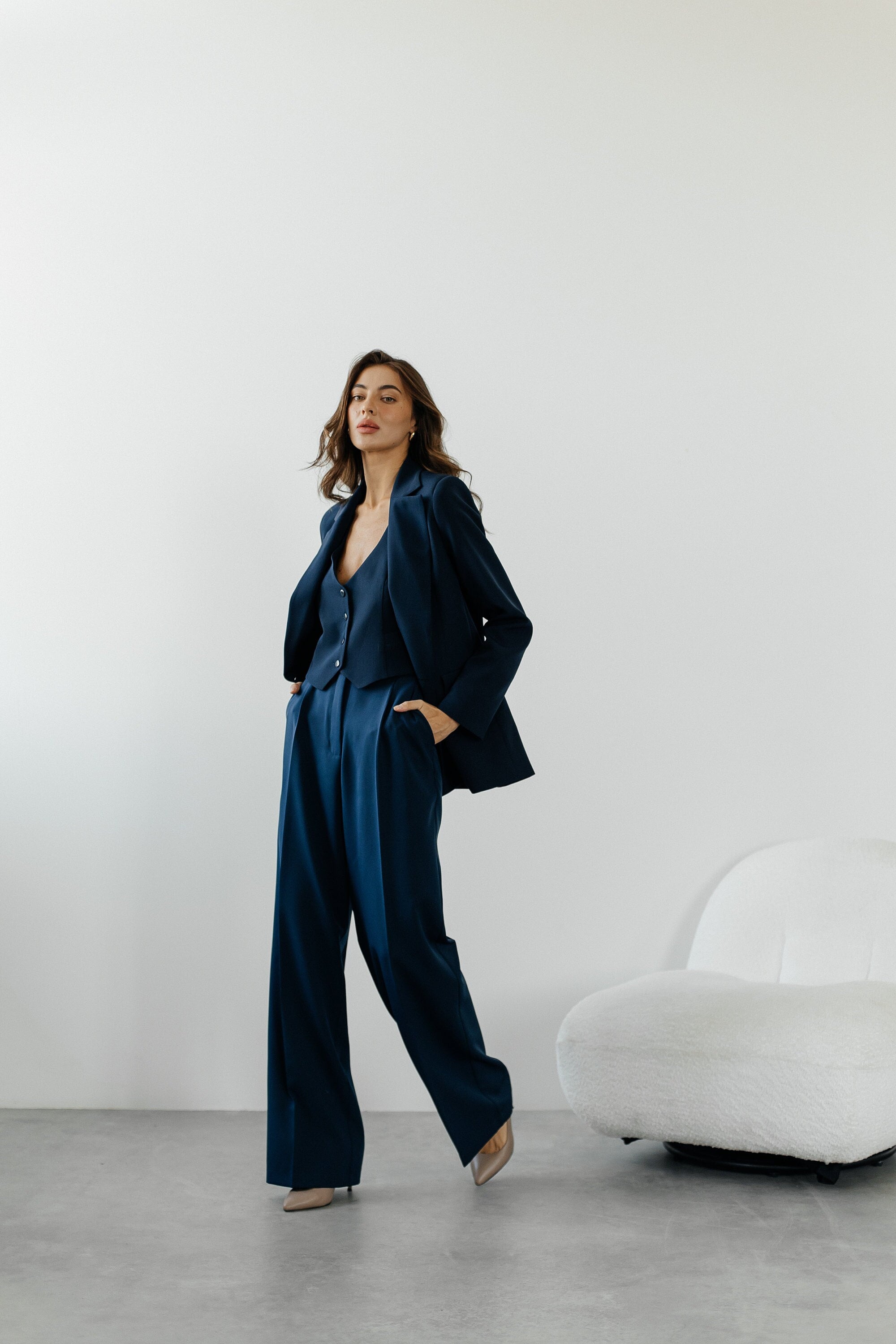 Navy Blue Classic Pantsuit. Dark Blue Formal Three Piece Women's