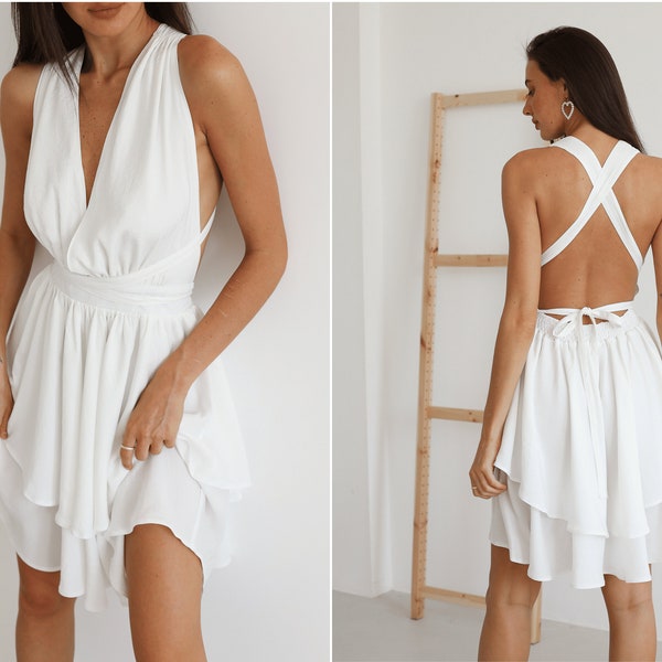 White Plunge neckline mini Cocktail dress. Crisscross self-tie back summer sundress. Double layered floaty skirt backless party dress