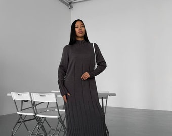 Comfy dark grey sweater dress for women. Warm winter dress with turtleneck midi. Girl's knitted dress. Winter clothing