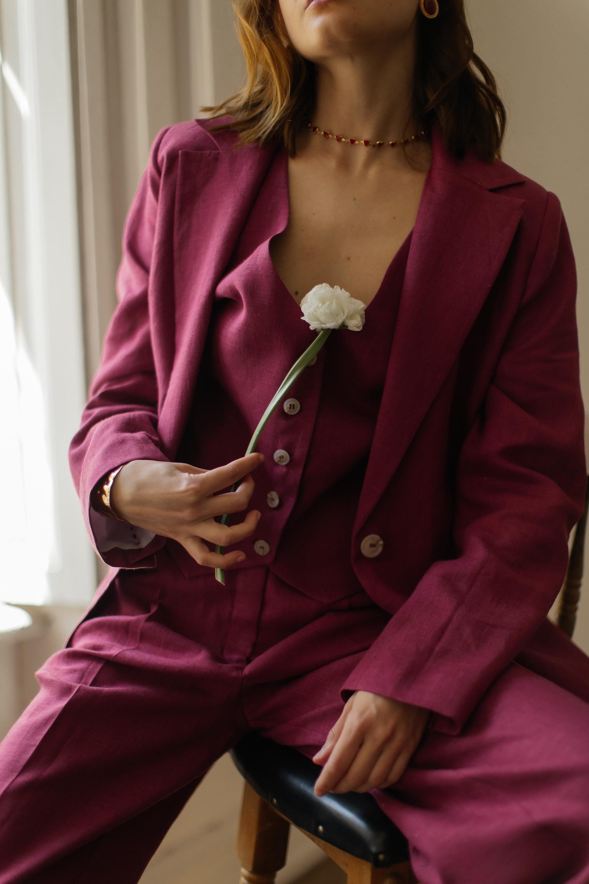 Dark Raspberry Linen 3-piece Matching Suit Straight Jacket, Vest and ...