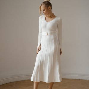 Milky White Gorgeous women&#39;s knitted midi dress. Sweaterdress with pleated skirt and belt. Long sleeves knitted dress. warm winter dress