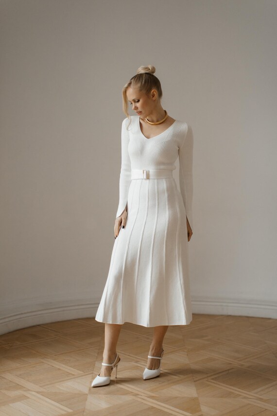 Milky White Knitted Midi Dress: Pleated Sweaterdress With Belt - Etsy