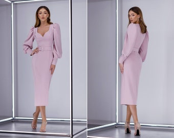 Powder pink Classic women's pencil dress with long sleeves and belt. Belted midi office dress. Formal event women's dress look.