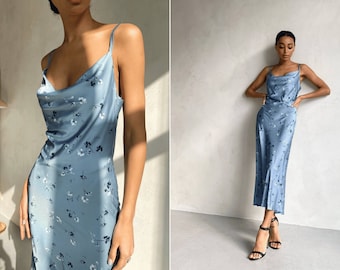 Stunning women's floral slip dress in blue colour. Light blue floral cowl neck sleeveless dress. Spaghetti straps midi satin dress for event