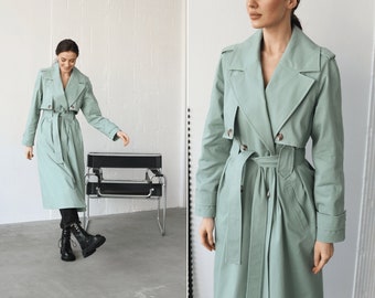 Sage Oversized classic double breasted cotton trench coat for women. Vintage inspired long duster coat - Spring and Fall Fashion