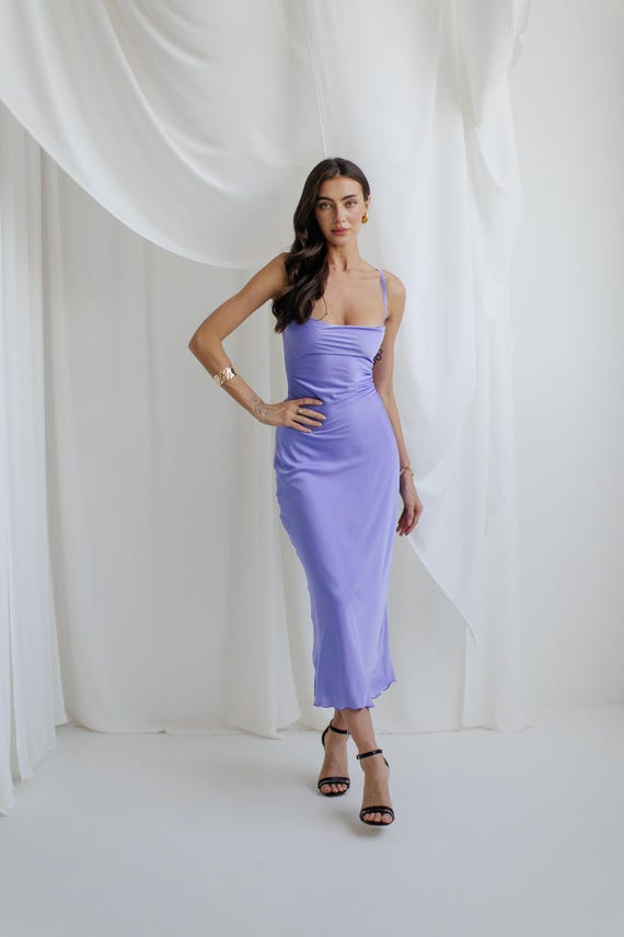 Lavender Silk Slip Dress: Lace-Up Open Back Midi Satin Dress