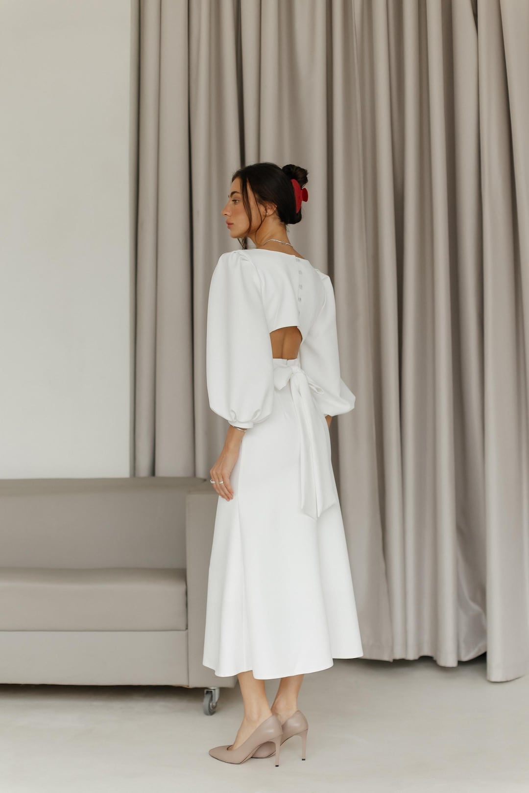 white puff sleeve midi dress Puff-Sleeve Off-White A-Line Midi Dress