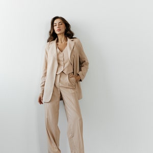 Beige Linen 3-piece matching suit with straight Jacket, Vest and Palazzo Pants. Summer formal pants suit. Women's suit with vest and blazer. image 2