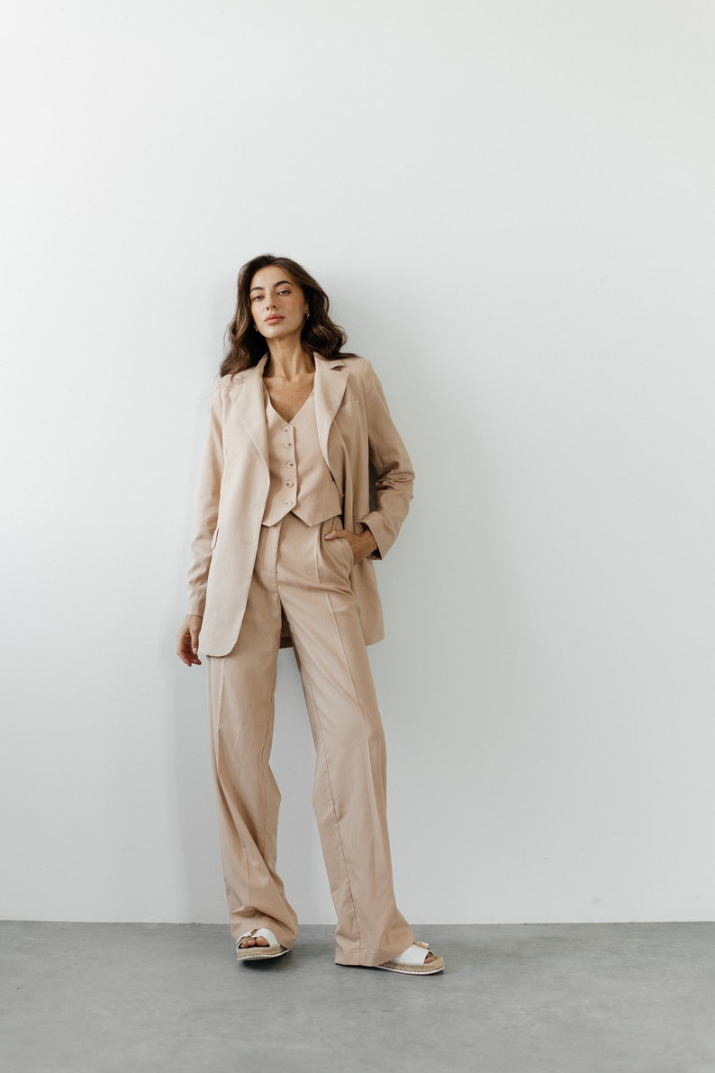 Beige Linen 3-piece matching suit with straight Jacket, Vest and Palazzo Pants. Summer formal pants suit. Women's suit with vest and blazer. image 2