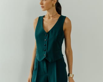 Emerald Green Pantsuit: Women's 2-Piece Viscose Vest Suit