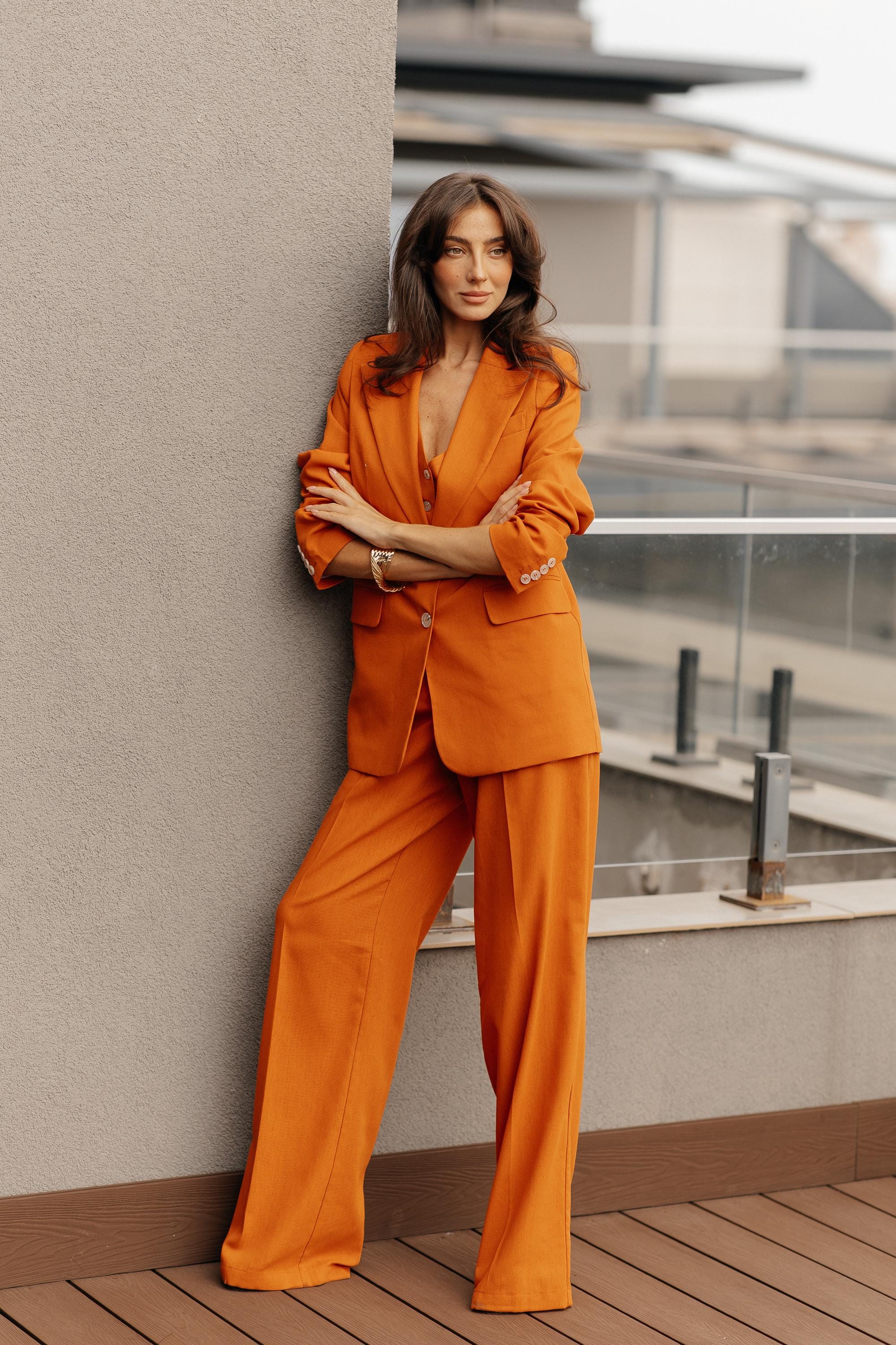 Terracotta Linen 3-piece Matching Suit Straight Jacket, Vest and