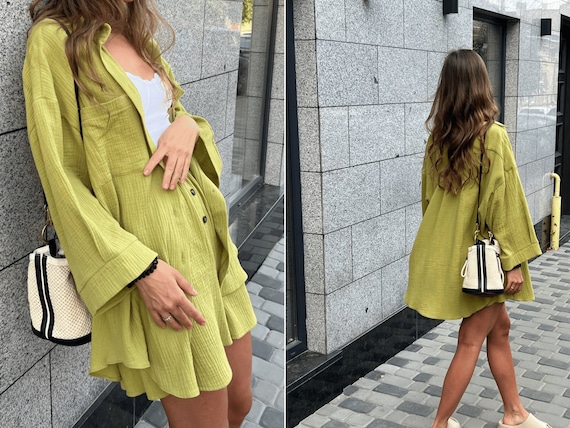 Summer Cotton Short Suit With Oversized Shirt. Organic Cotton