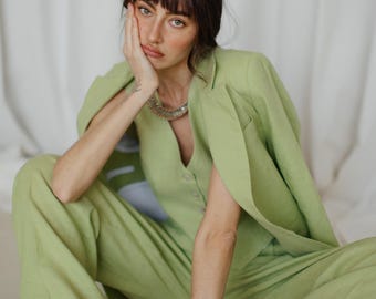 Lime Green Linen Suit: 3-Piece Palazzo Pants, Vest & Jacket