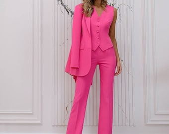 Hot Pink 3-piece pants suit. Women's even suit. Trpusers set with blazer vest and pants. Wedding pants suit. Pink suit. Vest suit