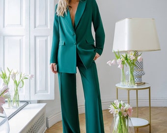 Emerald Women's classical 2-piece formal pants suit. Wide leg palazzo pants suit. Blazer and trousers set. Classic pants suit