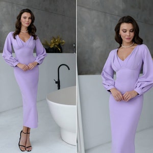 Lavender Stunning women's event dress with puffy long sleeves and beautiful neck line.Lavender midi dress.Wedding guest dress.