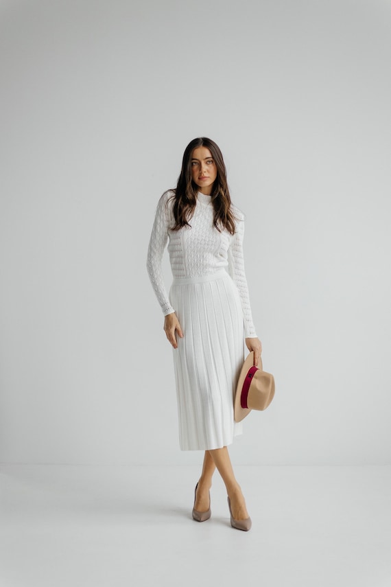 chinese dress ladies Get On Down Long Sleeve Knit Mini Dress Off White main image 1