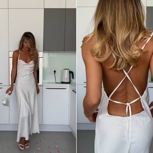 Bridal white dress.Satin slip dress.White silk slip dress. Briedsmaids white silk dress with cowl neck open back.Graduation dress.Prom dress