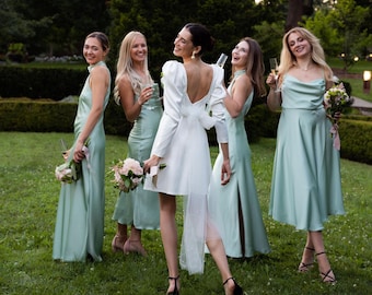 Sage Green Silk Bridesmaid Dress: Open Back Satin Midi Wedding Guest Dress