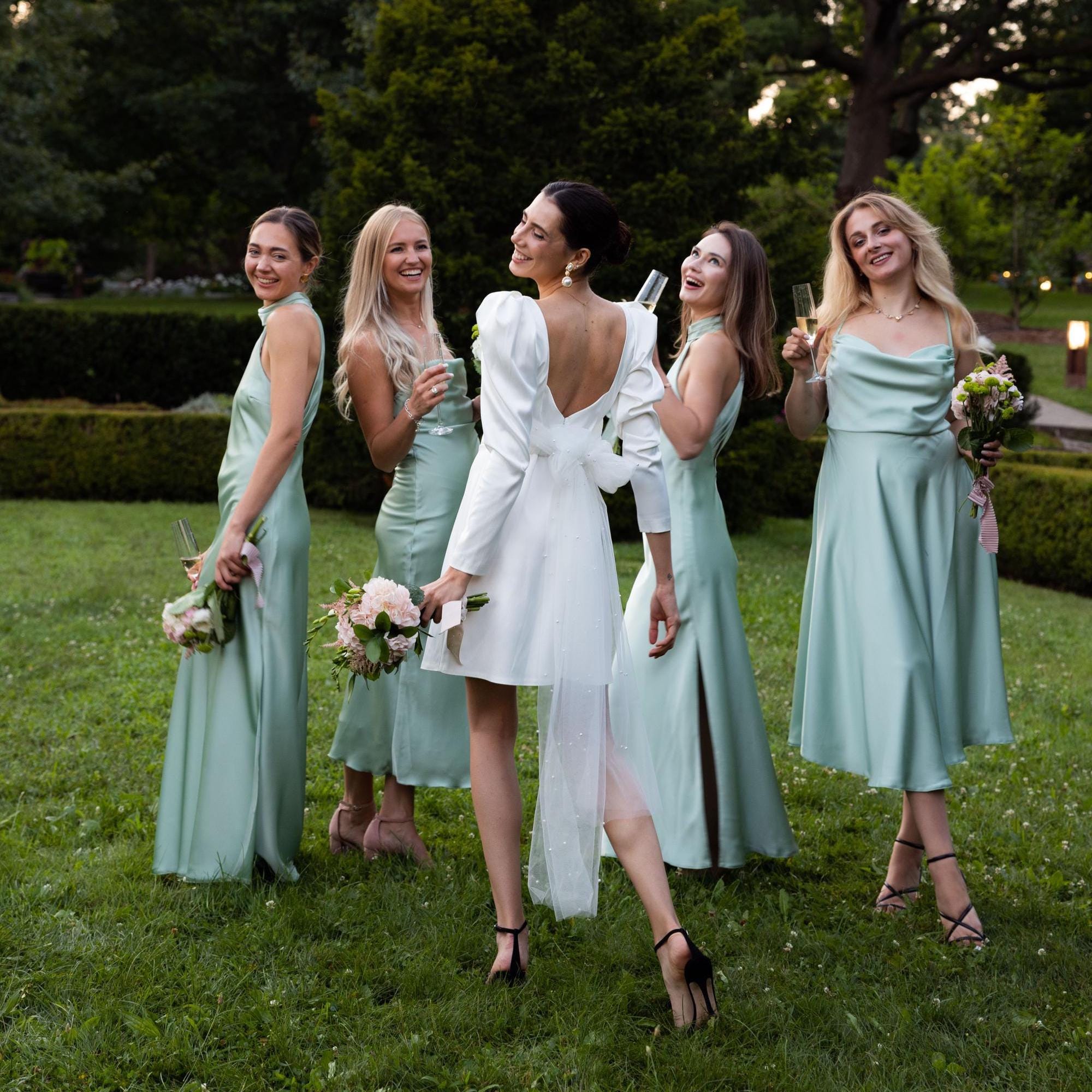 light green silk bridesmaid dress Sage Dress: Open Back Satin Midi Wedding Guest The back design includes Post-Grad Starter Kit Satin and Chiffon Bridesmaid Size:MEDIUM: Men US Shoe 4-8, Women 5-9