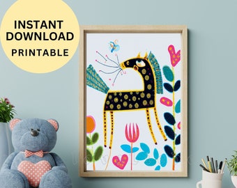 Arte caprichoso del caballo imprimible l Arte de pared de guardería / Caballo imprimible l Arte descargable l Póster de caballos l Decoración del hogar