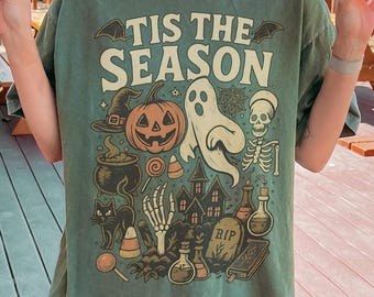 Maglietta vintage di Halloween Comfort Colors: scheletro retrò, zucca e fantasma