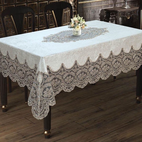 Crochet Lace Tablecloth, Velvet Rectangular Tablecloth for Wedding, Dining Embroidered Tablecloth, Formal Dinner Party, Unique Gift for Mom
