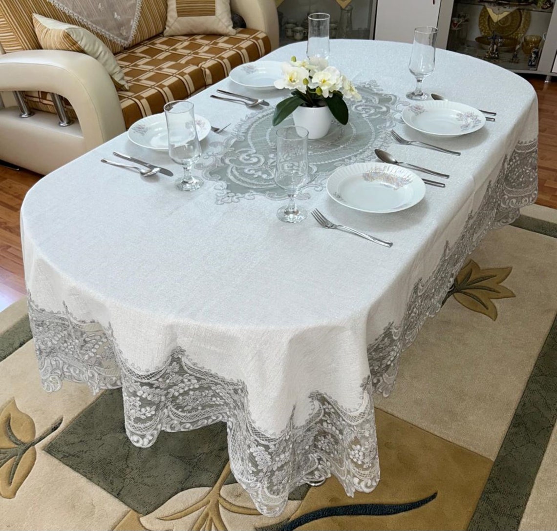 Elegant Dinner Tablecloth Embroidered Tablecloth Lace Etsy