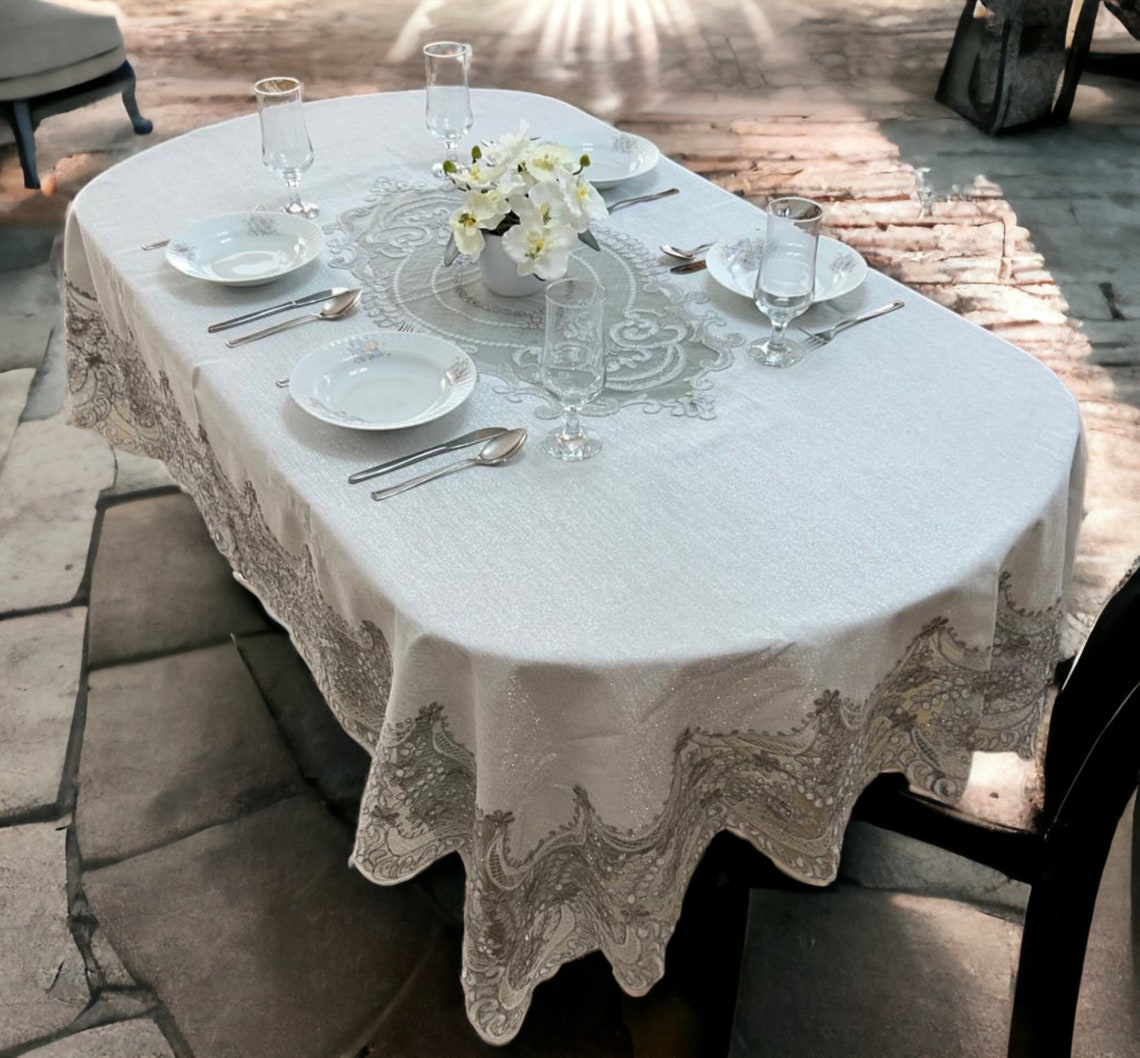 Elegant Dinner Tablecloth Embroidered Tablecloth Lace Etsy