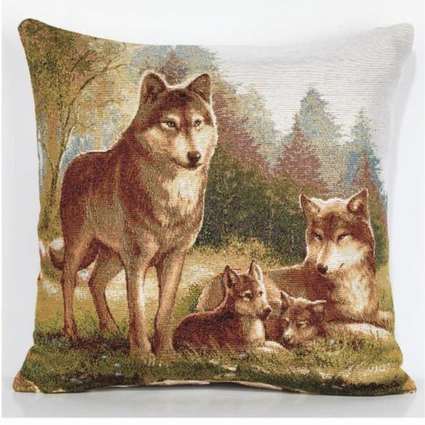 Nature-Inspired Wildlife Throw Pillow Cover - Wolf Family in Forest - Rustic Accent Pillow - Living Room Decor - Nature Lover Gift
