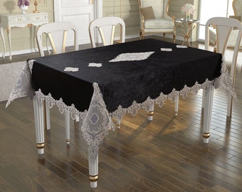 Black Velvet Lace Embroidered Tablecloth - Gorgeous Gothic Style - The Newlywed Gift - Dining Table Decoration - Luxurious and Elegant