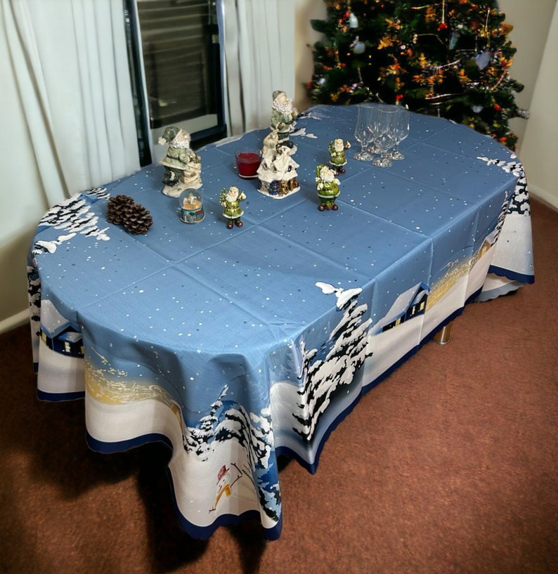 Blue Christmas Tablecloth With Santa Christmas Tablecloth Rectangle