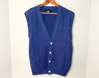 90s Blue Crochet Knit Button-up Sweater Vest by Designer North | Size L