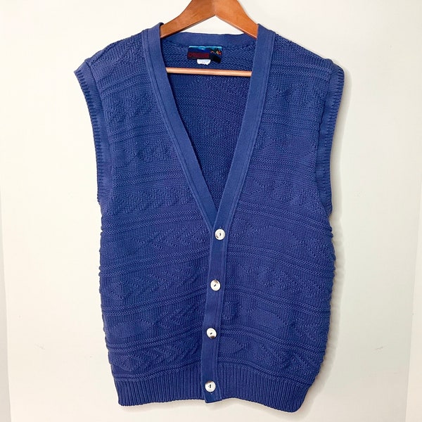 90s Blue Crochet Knit Button-up Sweater Vest by Designer North | Size L