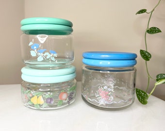 80s Green & Blue Set of 3 Plastic Lidded Glass Storage Jars | Floral and Fruit Designs