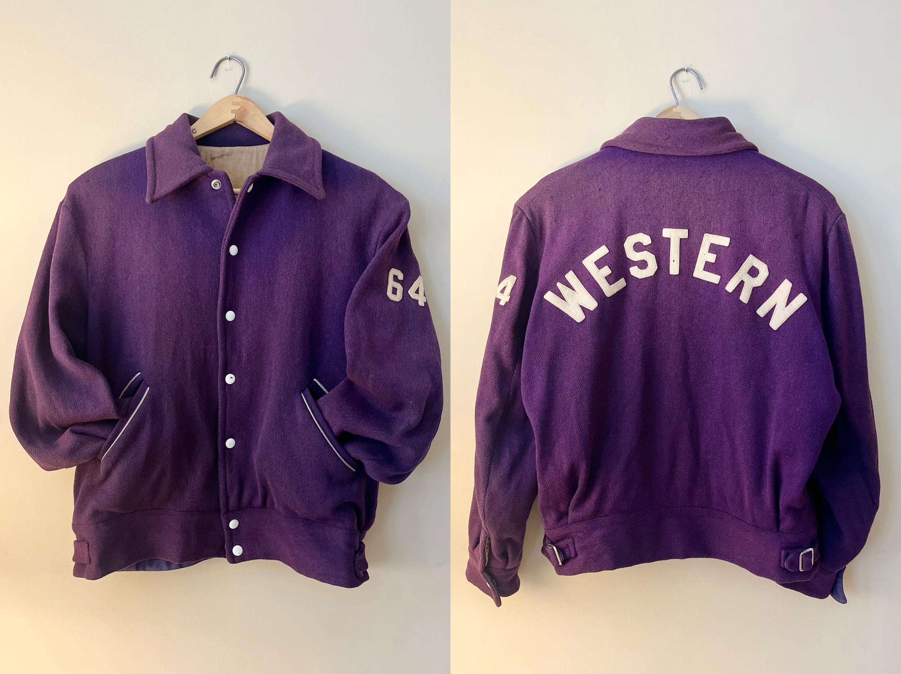 ジャケット・アウター 70's Vintage Purple Varsity Jacket Vintage 70s Yellow Purple Varsity T Leather Letterman