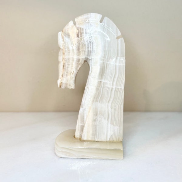 Marbled Onyx Alabaster Stone Bookend | MCM Horse Head Carved Sculpture | Made in Mexico