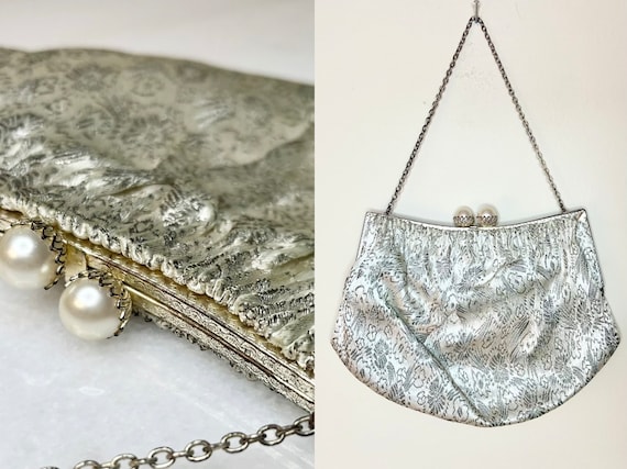50s 60s Silver-coloured Embroidered Evening Bag |… - image 1