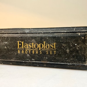 Antique Black Metal Apothecary Box | Elastoplast Doctor’s Set Storage Tin | Made in England