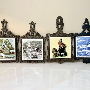 70s Retro Ceramic Tile & Iron Trivet or Wall Hanging Plaque