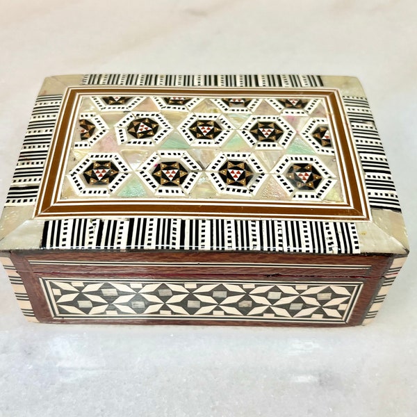 Wood & Mother of Pearl Inlay Mosaic Hinged Trinket Box