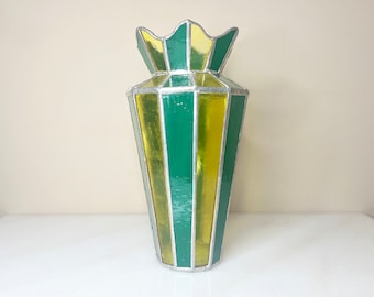 Green Stained Glass Decorative 9 1/2” Vase | Unique OOAK Folk Art