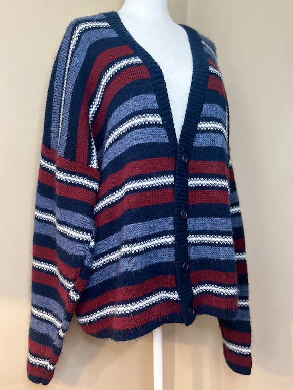 90s Blue & Red Striped Fuzzy Cardigan by New Era | Made in USA