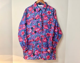 Retro Pure Silk Floral Patterned Button-up Shirt Dress by K.P. International | Size L