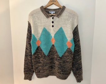 90s Wool Blend Quarter Button Collared Diamond Sweater by Smutz | Size M