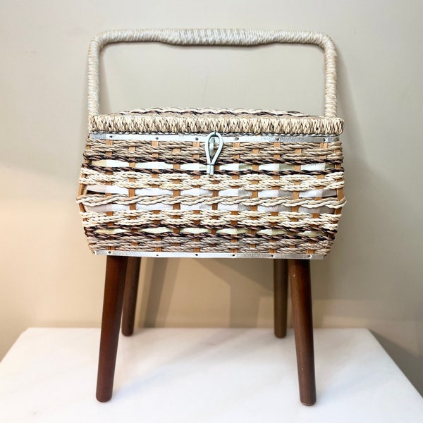 70s Wicker Sewing Storage Basket with Wooden Legs by Bacon Basketware Toronto