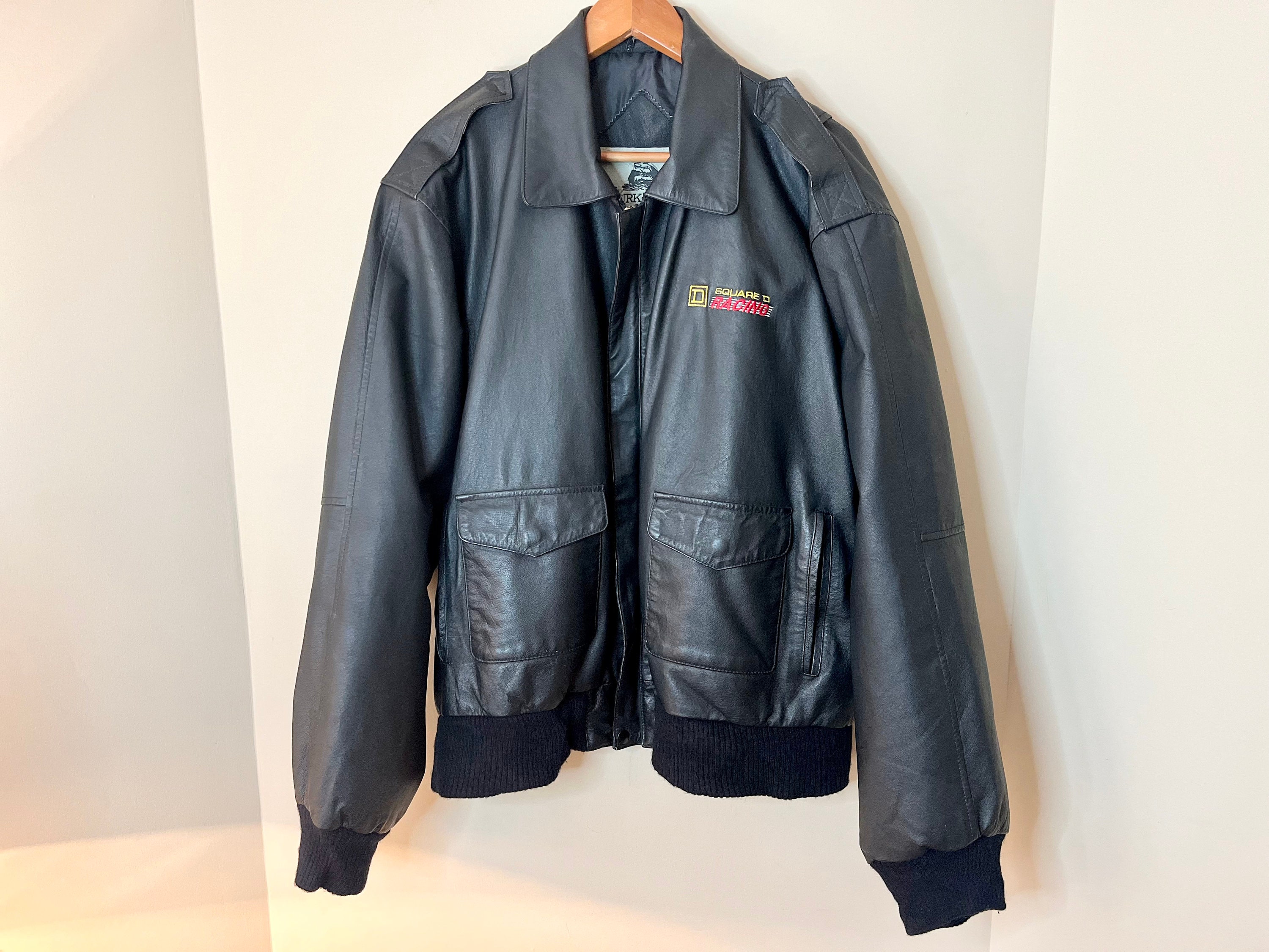 90s Black Genuine Leather Bomber Jacket by Burks Bay Square D Racing Embroidered Logo Size L - Etsy 90s Black Genuine Leather Bomber Jacket by Burks Bay Square D Racing Embroidered Logo Size L - Etsy