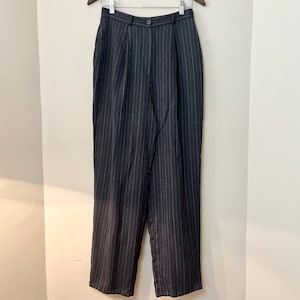 80s Pinstripe Grey Pure Wool High Waisted Trousers by Louben | Made in Canada | Size 28 W