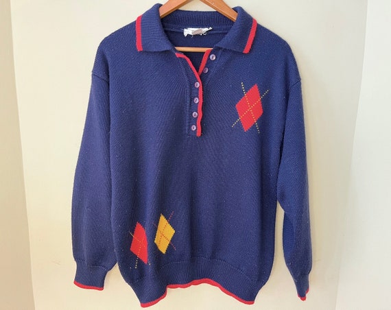 90s Navy Blue Wool-Blend Quarter Button Pullover … - image 1
