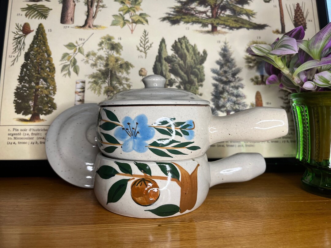 Pair of Speckled Pottery Casserole or French Onion Soup Crock Bowls